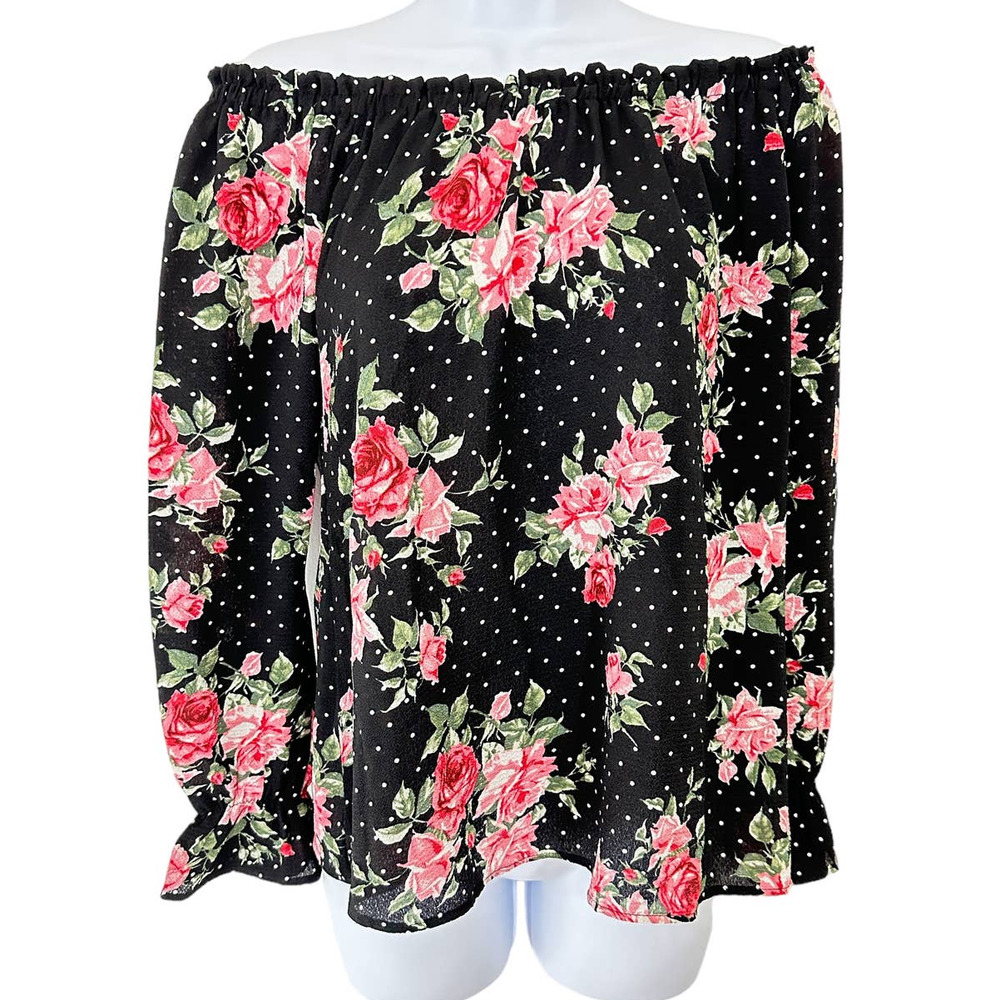 Paisley Raye Women's SZ S NWT Peasant Top‎ Roses on Black w/ White Polka Dots